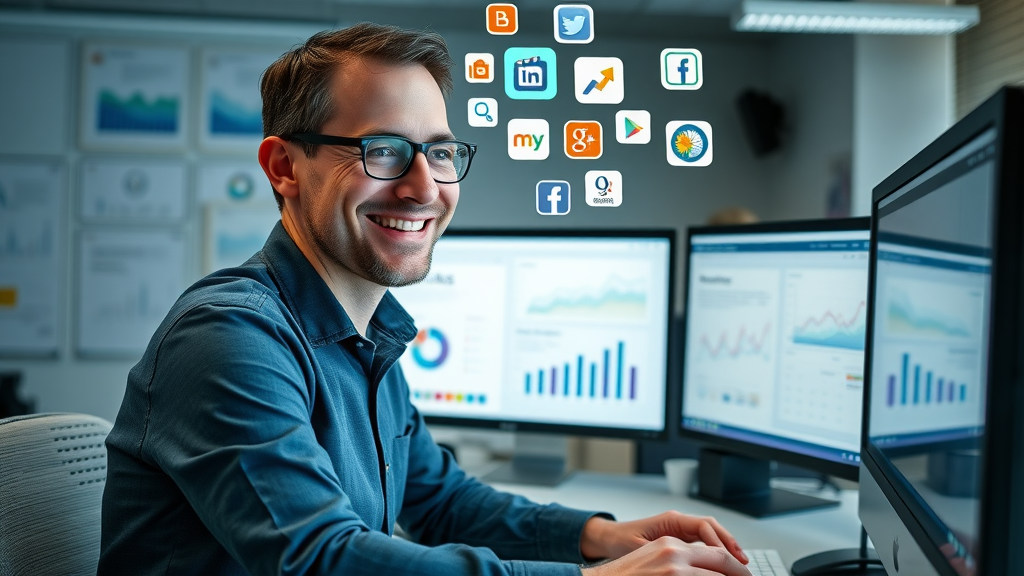 SEO tools and social media integrated by analytical marketer in web design set dashboard