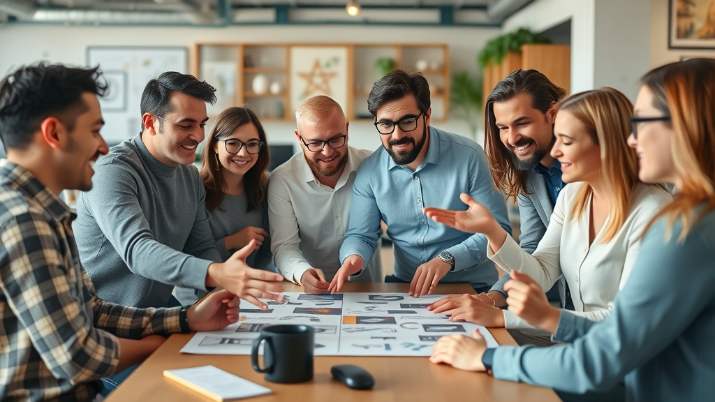 Inspiring creative team reviewing design project results for selling design and video services in a modern office workspace.