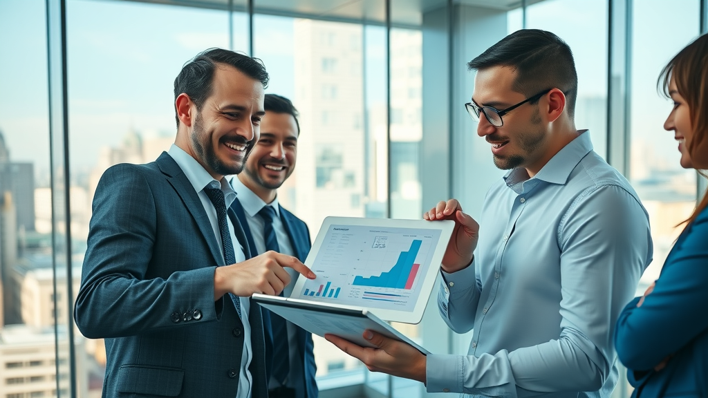 Business meeting discussing graphic design and video production market share for selling design and video services with charts and graphs in a modern office.