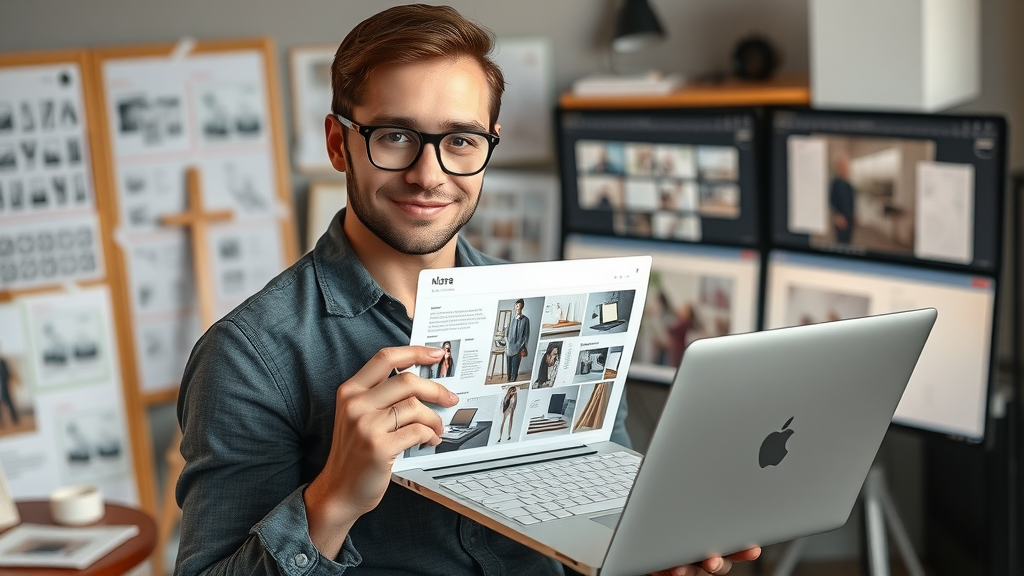 Solo designer presenting digital graphic design service portfolio for selling design and video services in a creative studio environment.