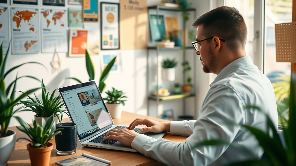 Marketing manager creating social media campaign to promote graphic design services and video production success stories.