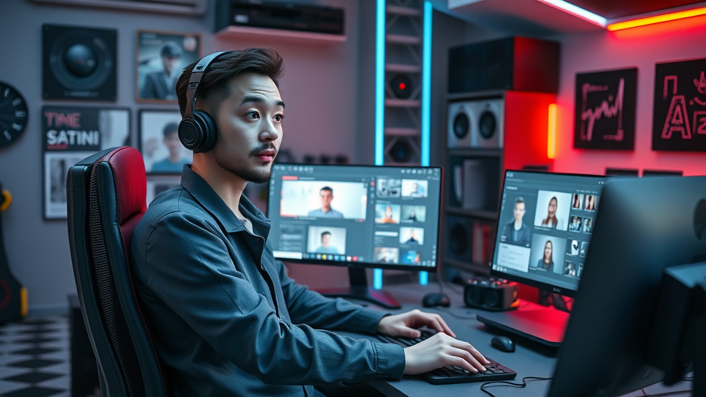 Designer focused on pitching graphic design services via video call in a home studio, utilizing online marketplaces and direct outreach.