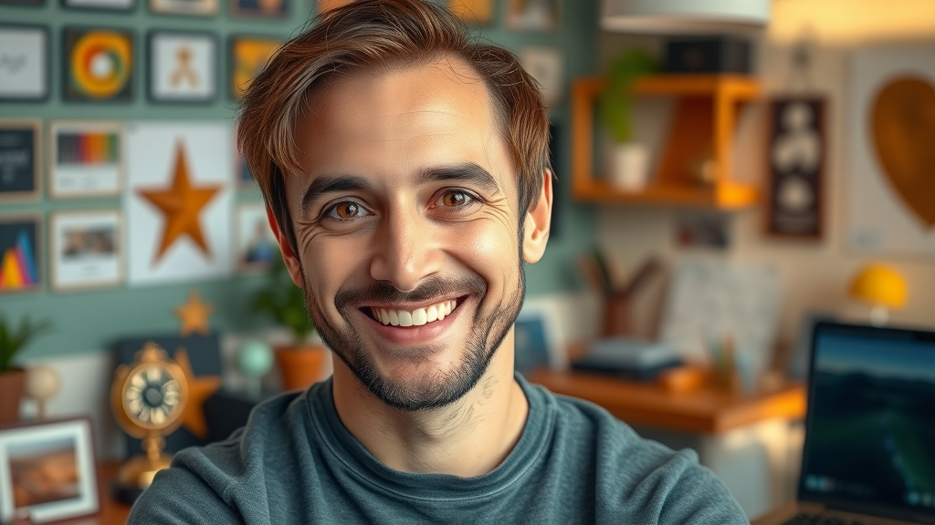 Professional designer sharing testimonial for selling design and video services in a creative workspace with awards and laptops.